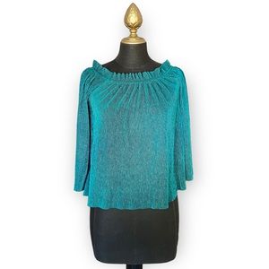 Deletta by Anthropologie Top Blouse Plisse Pleated Off The Shoulder Green XS